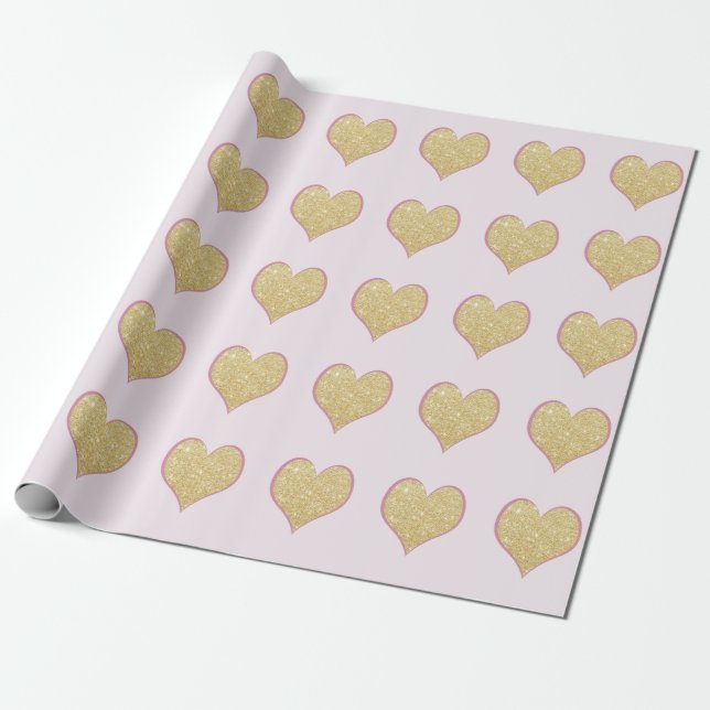 elegant enkel klar guld- glitterrosahjärta presentpapper (Utrullad)