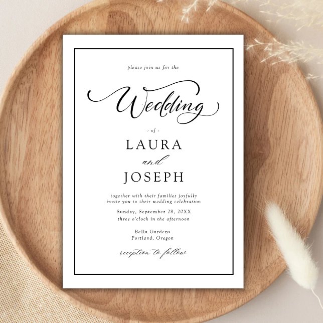 Elegant Enkel Klassisk Svart & Vit Bröllop Inbjudningar (Elegant simple classic black and white wedding invitation sets a timeless tone with your details)