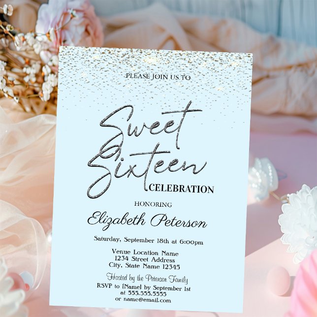 Elegant Enkel Konfetti Ljusblå Sweet 16 Inbjudningar (Skapare uppladdad)