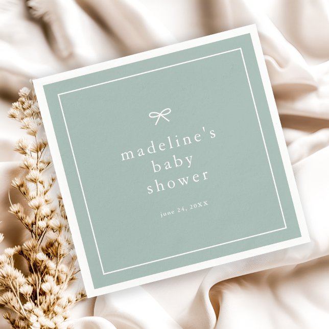 Elegant Enkel Könsneutral Baby Shower Pappersservett (Simple bow sage green gender neutral baby shower napkins.)