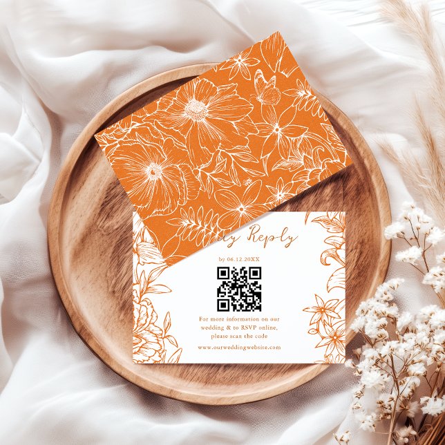 Elegant Enkel Koppar Blommig QR-kod Bröllop OSA Kort (Skapare uppladdad)