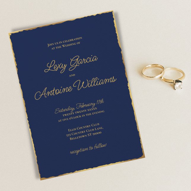 Elegant Enkel marin blå Luxe Guld Kant Bröllop Inbjudningar (Skapare uppladdad)