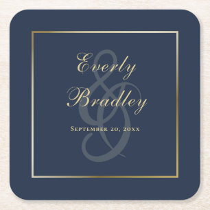 Elegant Enkel Marinblå Guld Kant Script Underlägg Papper Kvadrat