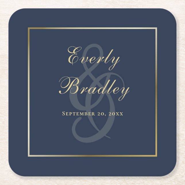 Elegant Enkel Marinblå Guld Kant Script  Underlägg Papper Kvadrat (Framsidan)