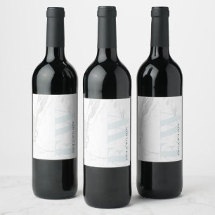 Elegant Enkel Marmor Sten Blå Namn Monogram Vinflaska Etikett