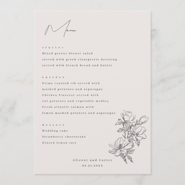 Elegant enkel med konturblommor och Gräns Meny (Framsida)