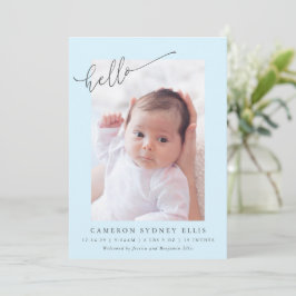 Elegant Enkel Minimalistisk Hello Blå Foto Födelse Meddelande