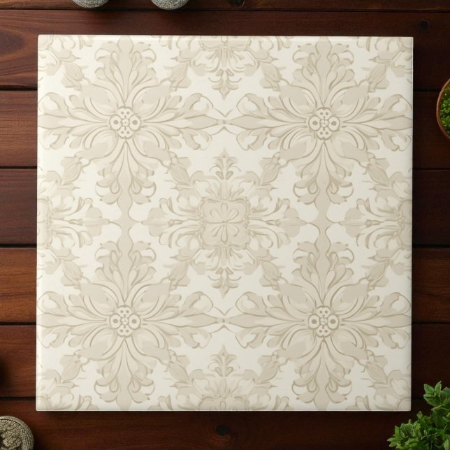 Elegant Enkel Mjuk Beige Damast Kakelplatta (Skapare uppladdad)