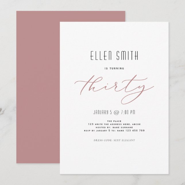 Elegant, enkel, modern, 30års födelsedag inbjudningar (Fram/baksida)