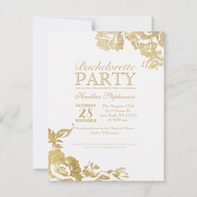Elegant Enkel Modern Blommigt Guld Bachelorette Inbjudningar (Framsida)