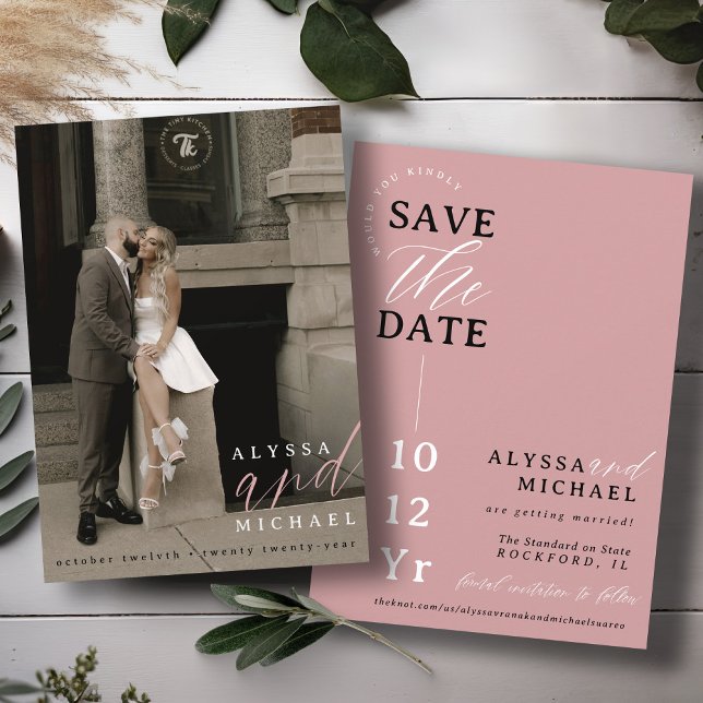 Elegant Enkel Modern Dammtrosa Foto Bröllop Spara Datumet (Elegant modern photo typography script simple wedding save the date, black and white dusty rose pink)