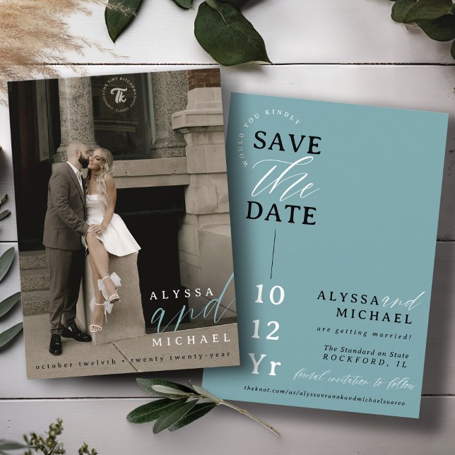 Elegant Enkel Modern Mjuk Teal Foto Bröllop Spara Datumet (Elegant modern photo typography script simple wedding save the date, black, white, soft dusty teal )