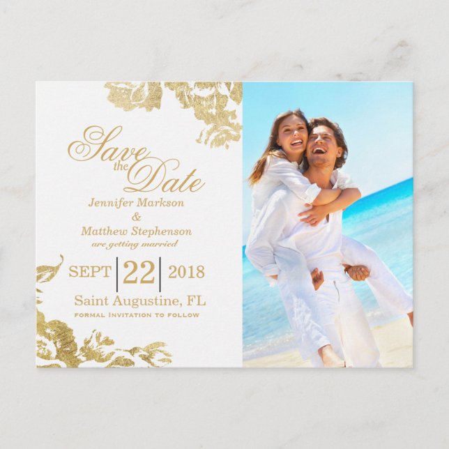 Elegant Enkel Modern Ros Blommig Guld Spara Datum Meddelande Vykort (Framsida)