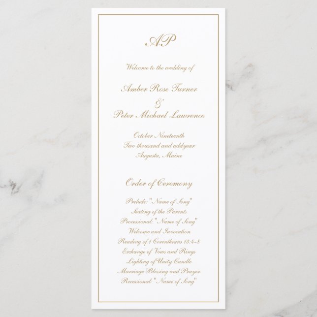 Elegant Enkel Monogram Formell Guld Bröllop Program (Framsida)