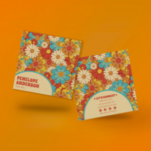 Elegant Enkel Orange Blått Retro Groovy-Blommigt Fyrkantigt Visitkort