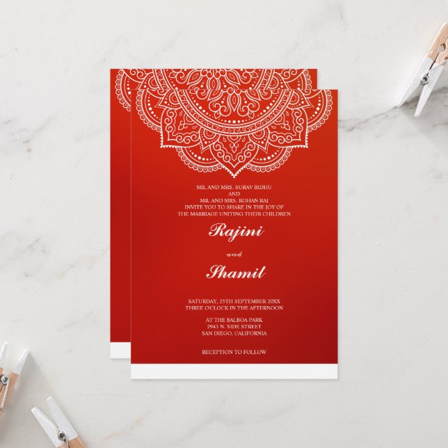 Elegant, enkel Orange Red Paisley Indian Hindu Inbjudningar (Fram/Back In Situ)