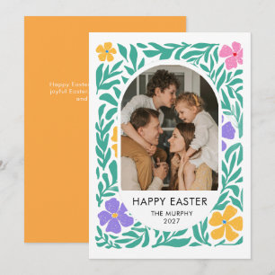 Elegant Enkel Oval Blommig Påsk Familjefoto Julkort