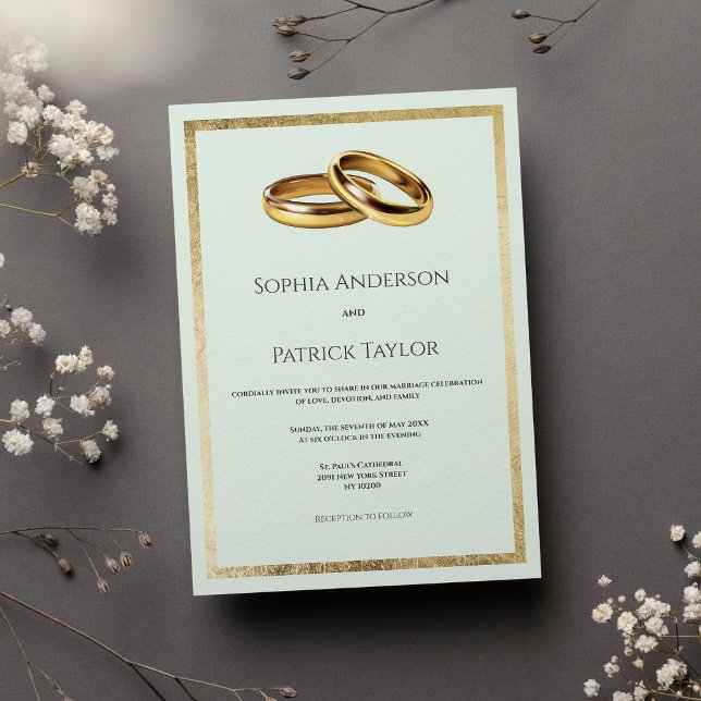 Elegant, enkel pastel grönt guld ringar Bröllop Inbjudningar (Elegant simple pastel green gold rings Wedding)