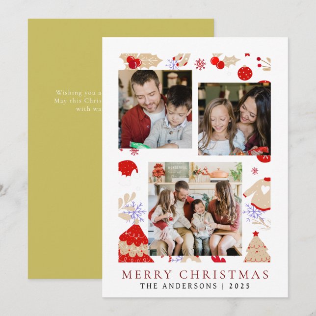 Elegant Enkel Ram-julfamilj 3 foto Julkort (Fram/baksida)