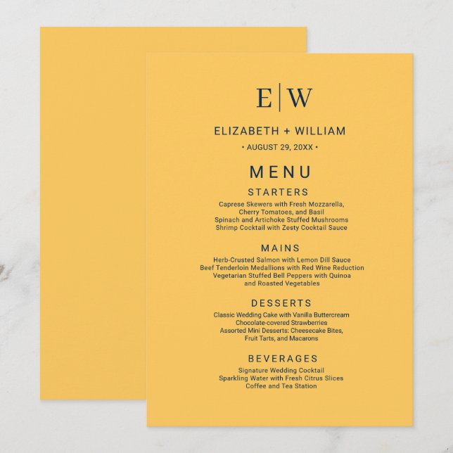 Elegant enkel Ray Flower med Monogram Bröllop Meny (Fram/baksida)