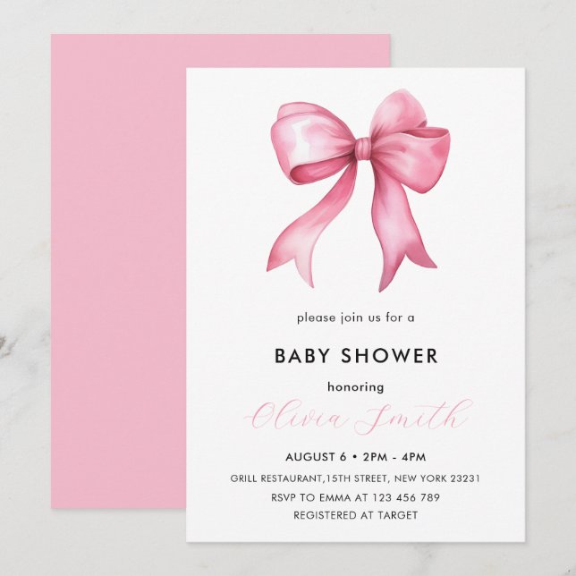 Elegant Enkel  Rosa Bow Baby Shower Inbjudningar (Fram/baksida)