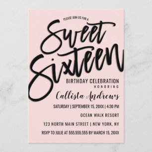 Elegant Enkel Rosa och svart typografi, svett 16 Inbjudningar