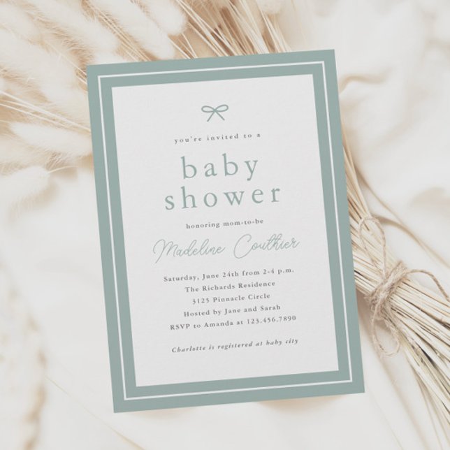 Elegant Enkel Salvia Könsneutral Barnkalas Inbjudningar (Simple classic sage green gender neutral baby shower invitations.)