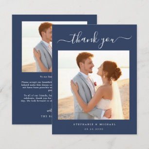 Elegant Enkel skript 2 Photo Bröllop Blue Tack Kort