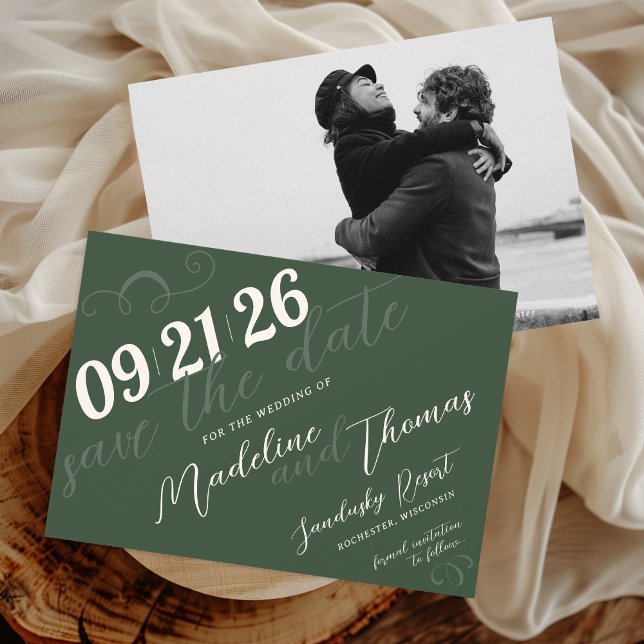Elegant Enkel Skript Salvia Grön Foto Bröllop Spara Datumet (Elegant simple modern swirl slant script dark sage olive green classic photo wedding save the date)