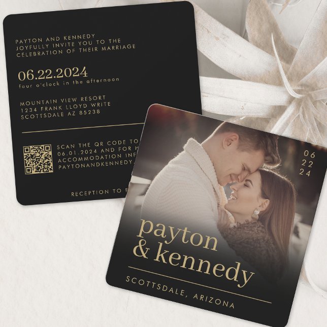 Elegant Enkel Snyggt Svartvitt och Guld Chic fyrka Inbjudningar (Skapare uppladdad)