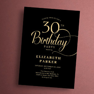Elegant Enkel Svart Guld Script 30-årsdag Inbjudningar