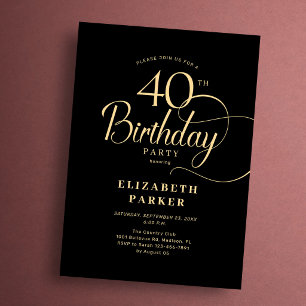 Elegant Enkel Svart Guld Script 40-årsdag Inbjudningar