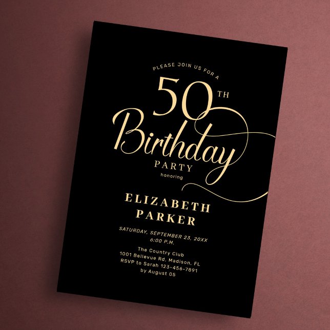 Elegant Enkel Svart Guld Script 50-årsdag Inbjudningar (Skapare uppladdad)