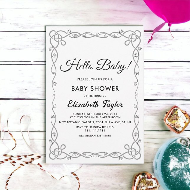 Elegant Enkel Svart & Vit Blommig Bebis Shower Inbjudningar (Skapare uppladdad)