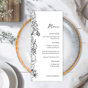 Elegant Enkel Svart Vit Blommig Trädgård Bröllop Meny