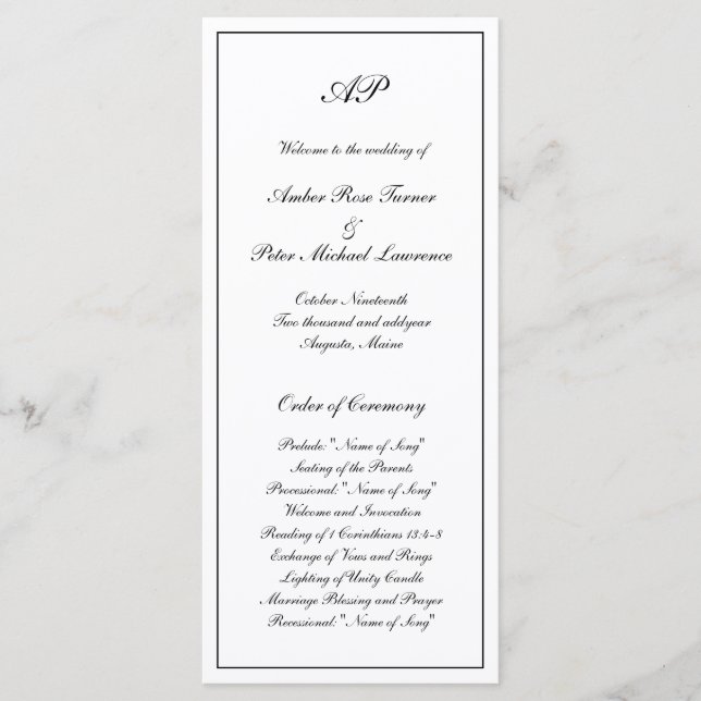Elegant Enkel Svart Vit Formell Monogram Bröllop Program (Framsida)