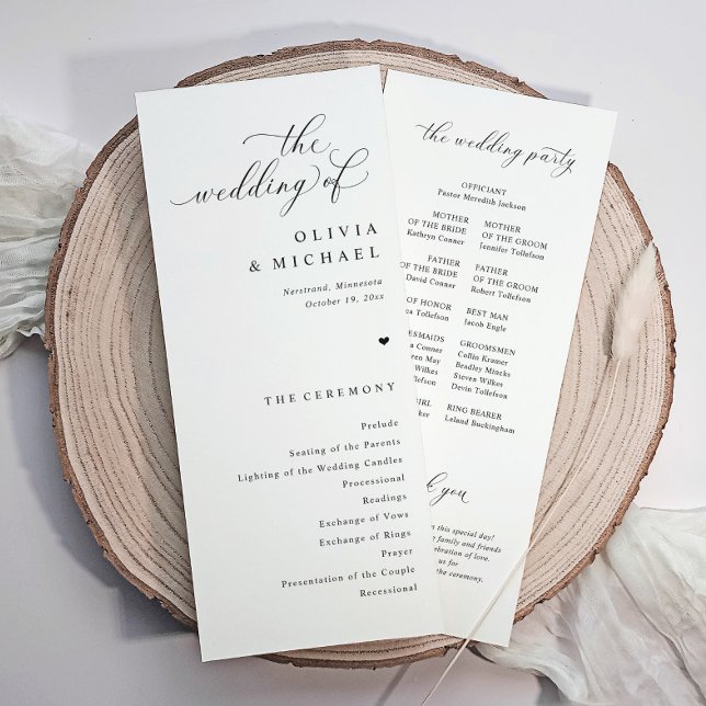 Elegant Enkel Svart & Vit Hjärtbröllop Program (Simple elegant wedding programs with heart and calligraphy. Classic black and white)