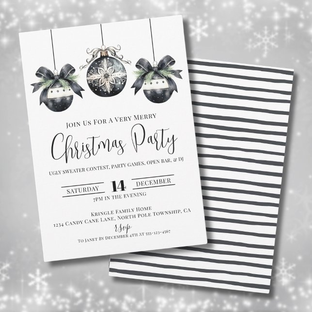 Elegant Enkel Svart Vit Julfest Inbjudningar (Elegant Simple Black White Christmas Party Invitation)