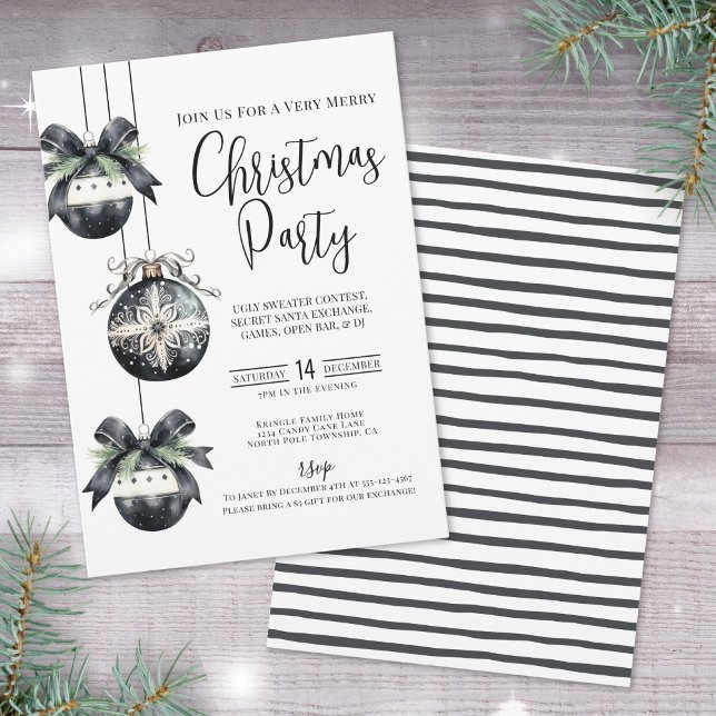 Elegant Enkel Svart Vit Julfest Inbjudningar (Elegant Simple Black White Christmas Party Invitat Invitation)