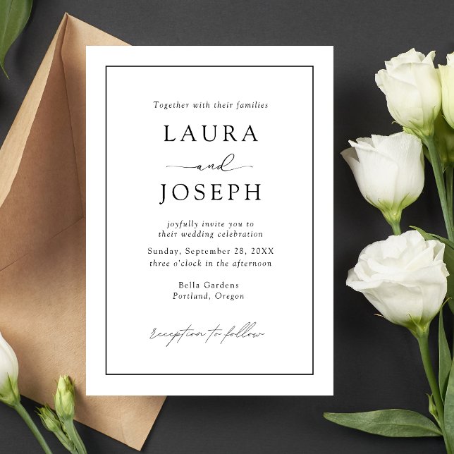 Elegant Enkel Svart & Vit Minimalistisk Bröllop Inbjudningar (Black and white minimalist wedding invitation delivers clean timeless style with your custom details)