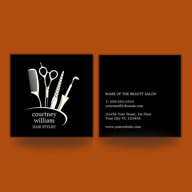 Elegant Enkel svartvit Stylist Fyrkantigt Visitkort (Elegant Simple Black Hair Stylist Square Business Card)