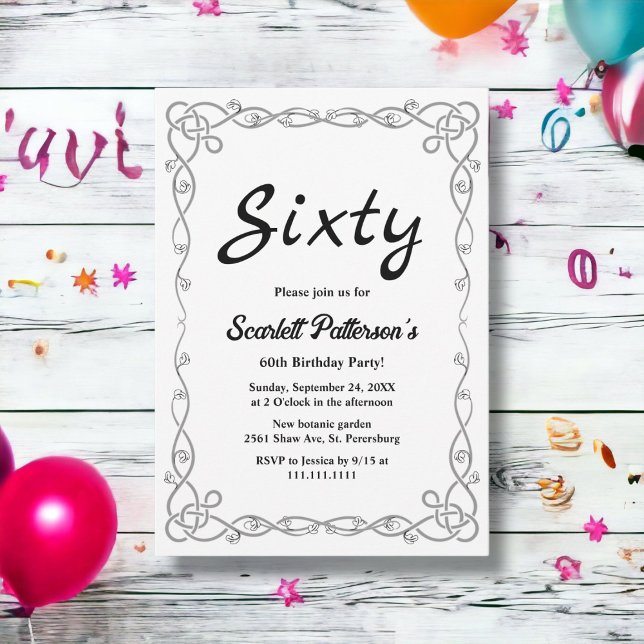 Elegant Enkel svartvitt Blommigt 60:e födelsedagen Inbjudningar (Skapare uppladdad)