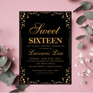 Elegant Enkel Sweet sixteen 16 Svart födelsedag Inbjudningar