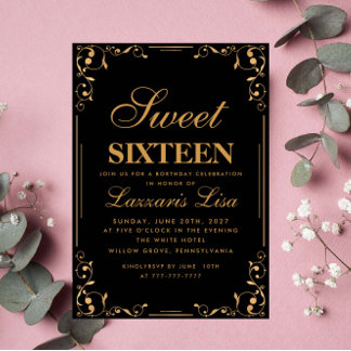 Elegant Enkel Sweet sixteen 16 Svart födelsedag Inbjudningar