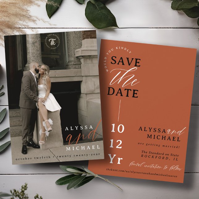 Elegant Enkel Terrakotta Rost Foto Bröllop Spara Datumet (Elegant modern photo typography inline simple wedding save the date, black, white, terracotta, rust)