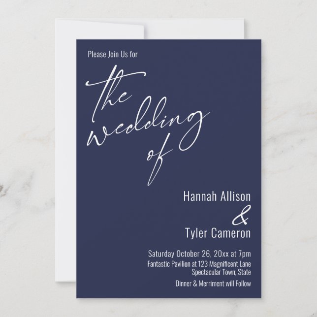 Elegant Enkel Typografi Bröllopet i Marinblått Inbjudningar (Framsida)