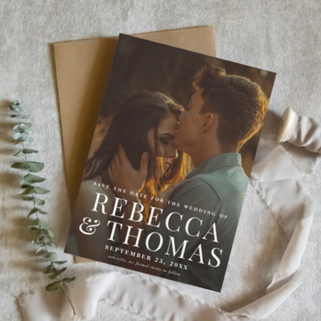 Elegant Enkel typografi - foto Bröllop Spara Datumet (Elegant Simple Typography Photo Wedding Save the Date Cards.)