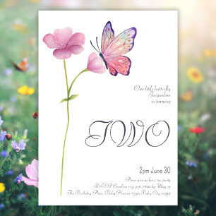 Elegant Enkel vattenfärgsfjäril 2:a födelsedag Inbjudningar