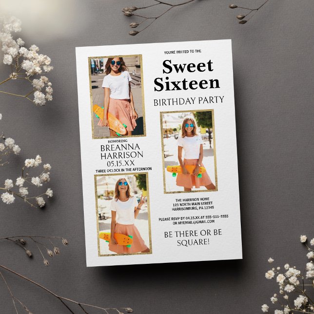 Elegant Enkel Vit Guld Foto Sweet Sixteen Inbjudningar (Elegant Simple White Gold Photo Sweet Sixteen)