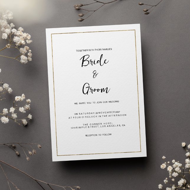 Elegant enkel vit guld-minimalist Bröllop Inbjudningar (Elegant simple white gold minimalist Wedding)